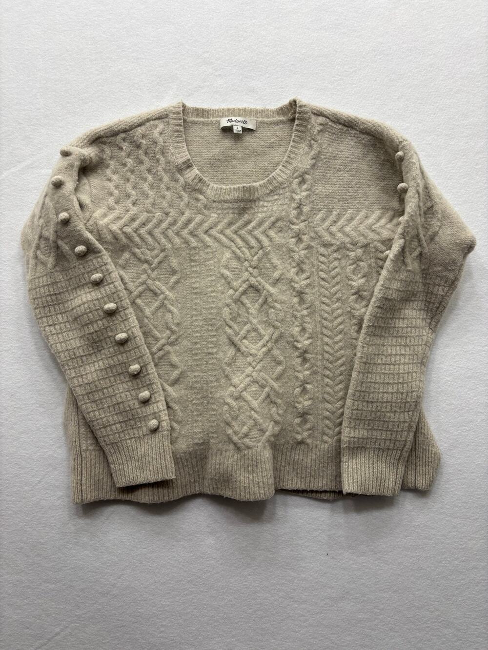 Madewell Womens S Beige Merino Wool Cable Knit Bobble Sleeve Pullover Sweater C6